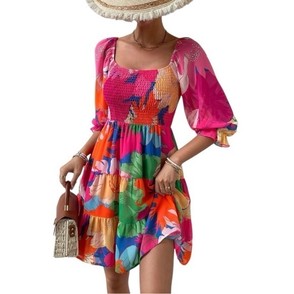 Dresses & Skirts - Pink and Orange Puff Sleeve Backless Sundress